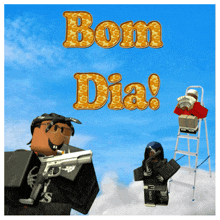 a cartoon character holding a gun and a box of money says bom dia