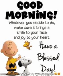 snoopy and charlie brown are on a good morning message