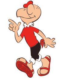 a cartoon character in a red shirt and black pants is pointing