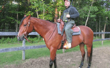 a man is riding on the back of a brown horse in a fenced in area .