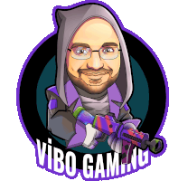 a logo for vibo gaming shows a man in a hoodie holding a gun