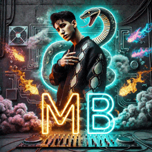 a neon sign that says mb with a man and snake