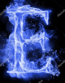 the letter e is made of blue flames and smoke on a black background .