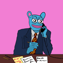 a cartoon of a blue bear talking on a phone with a note that says " trust me " on it