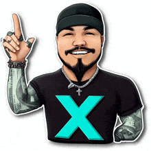 a cartoon of a man wearing a black shirt with a large x on it