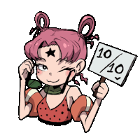 a drawing of a girl holding a sign that says 10 10