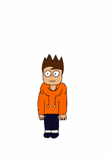 a cartoon character with a crown on his head is wearing an orange hoodie .