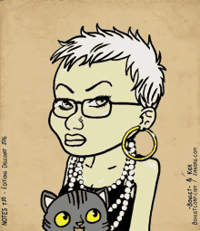 a cartoon of a woman holding a cat with notes t10 on the bottom right