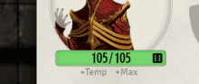 a screenshot of a game showing a character with 105/105 temp max