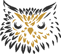 a drawing of an owl 's face with black and gold feathers on it