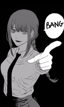 a black and white drawing of a woman pointing at the camera with a bang speech bubble behind her