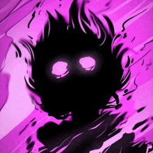 a silhouette of a person with glowing eyes on a pink background