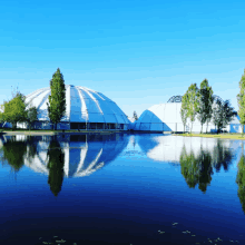 a large dome is reflected in a body of water with trees in the foreground