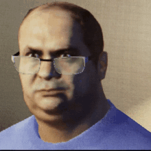 a bald man wearing glasses and a blue shirt looks at the camera