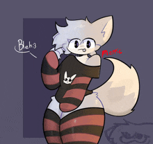 a cartoon drawing of a furry character wearing a striped sweater and socks .