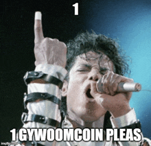 a picture of a man singing into a microphone with 1 gywoomcoin pleas written below him