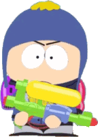 a cartoon character is holding a water gun in his hand