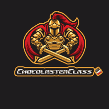 a logo for chocolaster class with a knight holding two swords