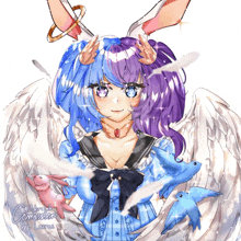 a drawing of a girl with blue and purple hair and the words " commission " on the bottom