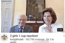 a man and a woman are sitting next to each other in front of a painting and a sign that says 2 girls 1 cup reaction