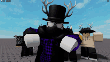 a roblox character wearing a top hat and glasses is standing next to another character