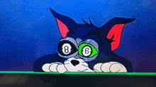 a cartoon cat with green eyes and a pool ball in his eyes