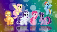 a group of ponies are standing next to each other on a rainbow colored background