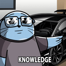 a cartoon character with glasses standing next to a car that says knowledge on it