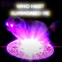 a cat with glowing eyes is surrounded by a purple circle with the words who has summoned me above it