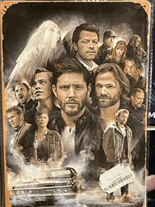 a painting of a group of people and a car with a tag that says ' supernatural '