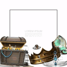 a treasure chest is surrounded by a crown and a ring