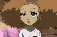 a cartoon girl with curly hair and green eyes