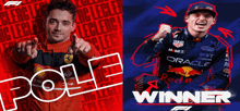 two racing drivers are on a red and blue background with the words pole winner on the bottom