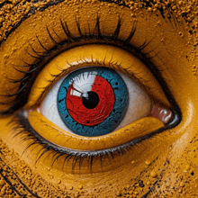 a close up of a person 's eye with a red and blue pupil