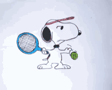 a drawing of snoopy holding a tennis racquet and tennis ball