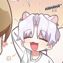 a cartoon character with purple hair and cat ears is laughing with his mouth open