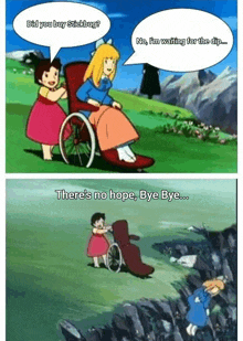 a cartoon of a girl in a wheelchair talking to a girl in a pink dress