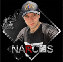 a man wearing a hat with the word narcos in the corner