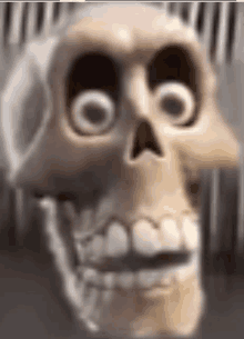 a close up of a cartoon skull with big eyes and mouth open .