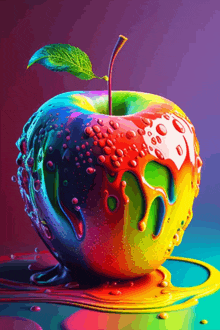 a rainbow colored apple with a green leaf on it