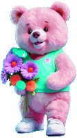 a pink teddy bear wearing a green shirt is holding a bouquet of flowers