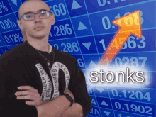 a man with glasses stands in front of a stock chart that says stonks