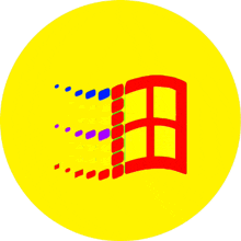 a yellow circle with a red window and purple squares on it