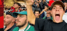 a group of people are sitting in a stadium watching a game and one of them is screaming .