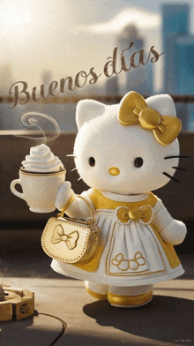 hello kitty is holding a cup of coffee with whipped cream and a purse