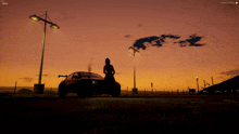 a person standing in front of a car with a sunset in the background and a screen that says ' fuel ' on it