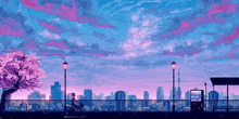 a pixel art of a city skyline with a cherry blossom tree in the foreground