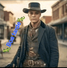 a man in a cowboy hat is standing on a street with the words boa tarde written on the bottom