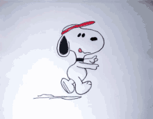 a drawing of snoopy wearing a red hat on a white background