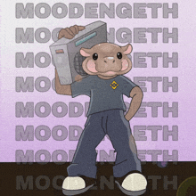 a cartoon of a hippo holding a boombox with the word moodengeth written in the background